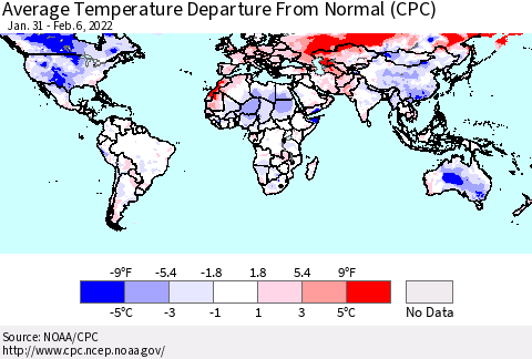 World Average Temperature Departure from Normal (CPC) Thematic Map For 1/31/2022 - 2/6/2022