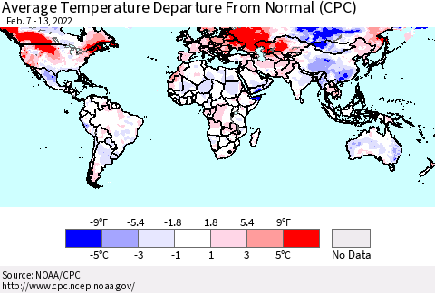 World Average Temperature Departure from Normal (CPC) Thematic Map For 2/7/2022 - 2/13/2022