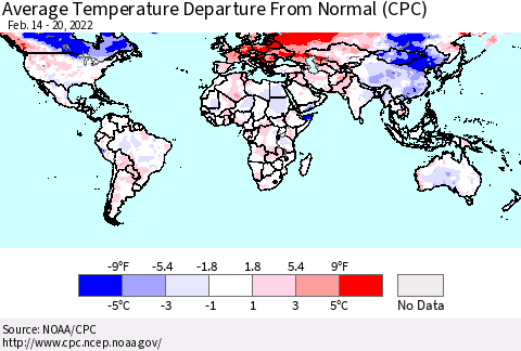 World Average Temperature Departure from Normal (CPC) Thematic Map For 2/14/2022 - 2/20/2022