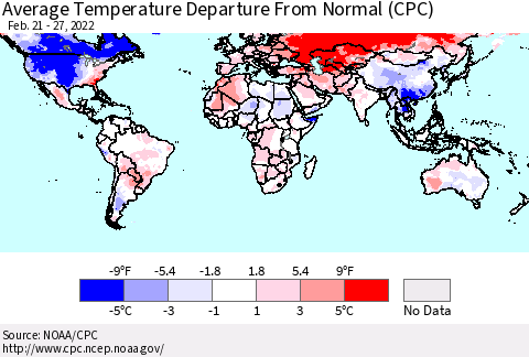 World Average Temperature Departure from Normal (CPC) Thematic Map For 2/21/2022 - 2/27/2022