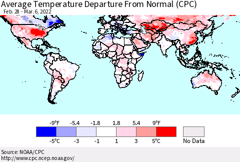 World Average Temperature Departure from Normal (CPC) Thematic Map For 2/28/2022 - 3/6/2022