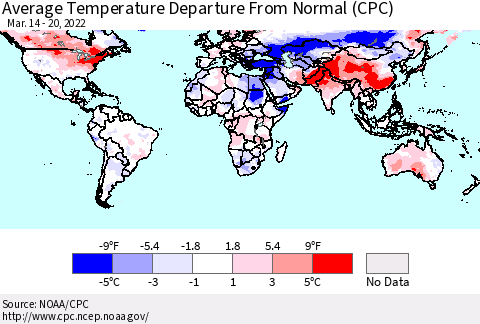 World Average Temperature Departure from Normal (CPC) Thematic Map For 3/14/2022 - 3/20/2022