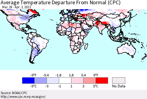 World Average Temperature Departure from Normal (CPC) Thematic Map For 3/28/2022 - 4/3/2022