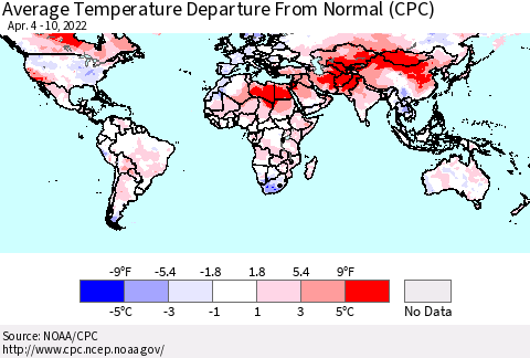 World Average Temperature Departure from Normal (CPC) Thematic Map For 4/4/2022 - 4/10/2022