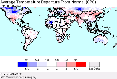 World Average Temperature Departure from Normal (CPC) Thematic Map For 4/18/2022 - 4/24/2022