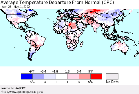 World Average Temperature Departure from Normal (CPC) Thematic Map For 4/25/2022 - 5/1/2022