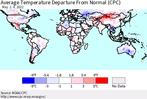 World Average Temperature Departure from Normal (CPC) Thematic Map For 5/2/2022 - 5/8/2022