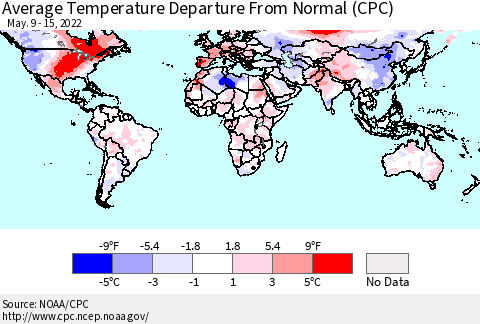 World Average Temperature Departure from Normal (CPC) Thematic Map For 5/9/2022 - 5/15/2022