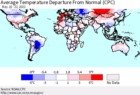 World Average Temperature Departure from Normal (CPC) Thematic Map For 5/16/2022 - 5/22/2022
