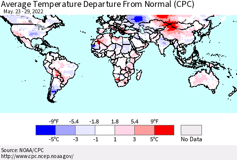 World Average Temperature Departure from Normal (CPC) Thematic Map For 5/23/2022 - 5/29/2022