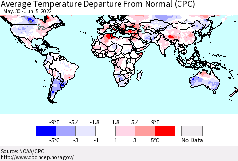 World Average Temperature Departure from Normal (CPC) Thematic Map For 5/30/2022 - 6/5/2022
