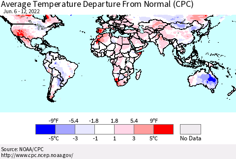 World Average Temperature Departure from Normal (CPC) Thematic Map For 6/6/2022 - 6/12/2022