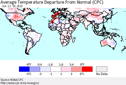 World Average Temperature Departure from Normal (CPC) Thematic Map For 6/13/2022 - 6/19/2022