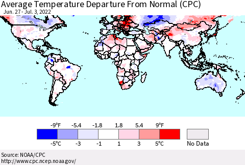 World Average Temperature Departure from Normal (CPC) Thematic Map For 6/27/2022 - 7/3/2022