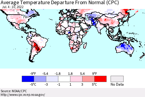 World Average Temperature Departure from Normal (CPC) Thematic Map For 7/4/2022 - 7/10/2022