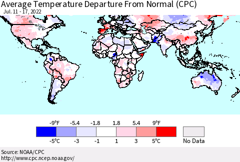 World Average Temperature Departure from Normal (CPC) Thematic Map For 7/11/2022 - 7/17/2022