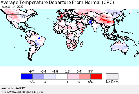 World Average Temperature Departure from Normal (CPC) Thematic Map For 8/8/2022 - 8/14/2022