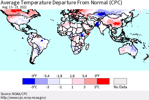 World Average Temperature Departure from Normal (CPC) Thematic Map For 8/15/2022 - 8/21/2022