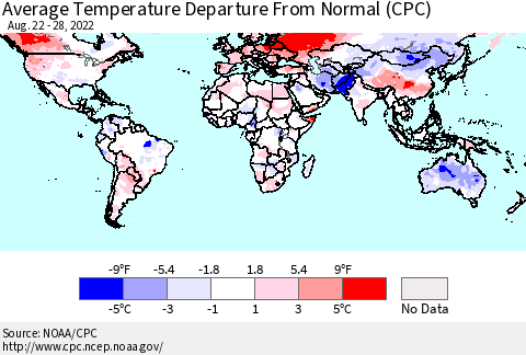 World Average Temperature Departure from Normal (CPC) Thematic Map For 8/22/2022 - 8/28/2022