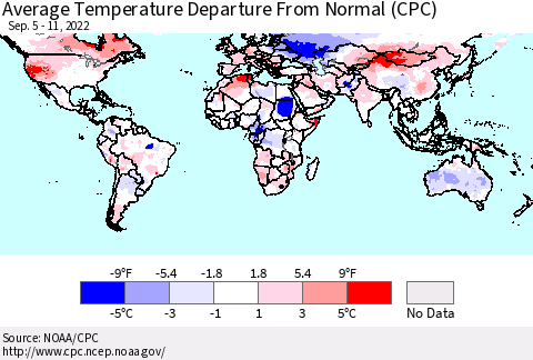 World Average Temperature Departure from Normal (CPC) Thematic Map For 9/5/2022 - 9/11/2022