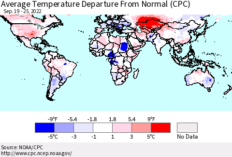 World Average Temperature Departure from Normal (CPC) Thematic Map For 9/19/2022 - 9/25/2022