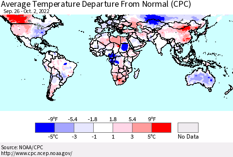 World Average Temperature Departure from Normal (CPC) Thematic Map For 9/26/2022 - 10/2/2022