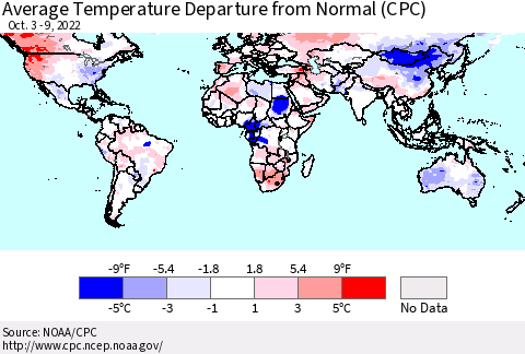 World Average Temperature Departure from Normal (CPC) Thematic Map For 10/3/2022 - 10/9/2022