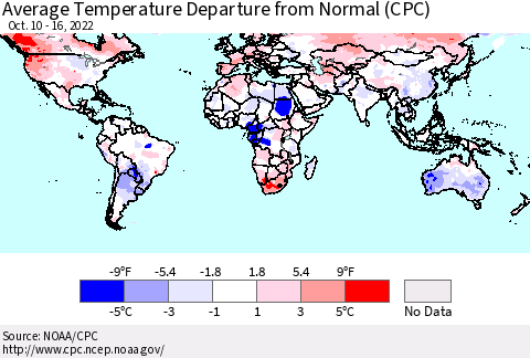 World Average Temperature Departure from Normal (CPC) Thematic Map For 10/10/2022 - 10/16/2022