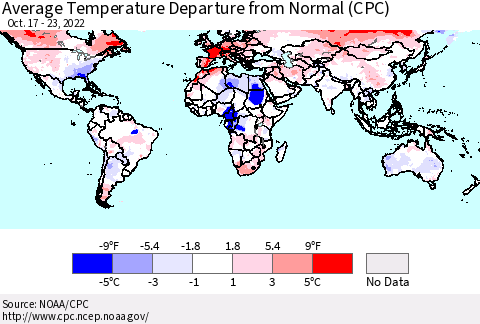 World Average Temperature Departure from Normal (CPC) Thematic Map For 10/17/2022 - 10/23/2022
