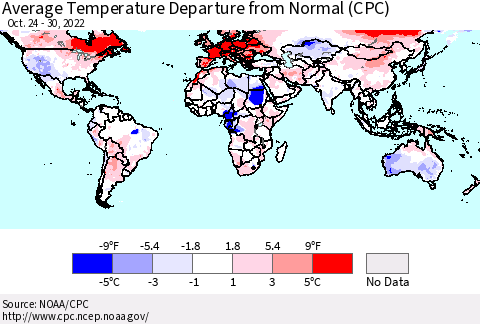 World Average Temperature Departure from Normal (CPC) Thematic Map For 10/24/2022 - 10/30/2022