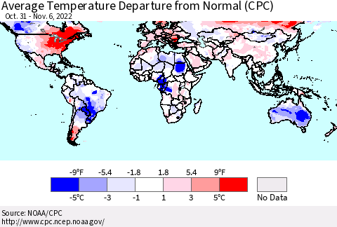 World Average Temperature Departure from Normal (CPC) Thematic Map For 10/31/2022 - 11/6/2022
