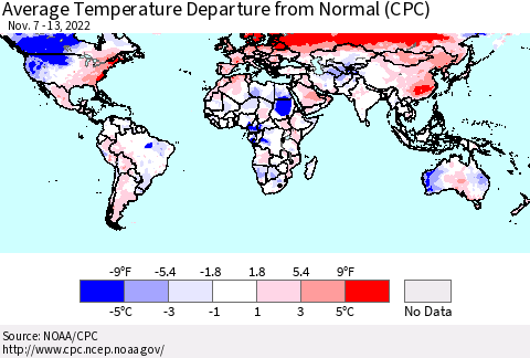 World Average Temperature Departure from Normal (CPC) Thematic Map For 11/7/2022 - 11/13/2022