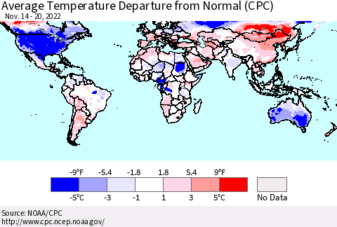 World Average Temperature Departure from Normal (CPC) Thematic Map For 11/14/2022 - 11/20/2022