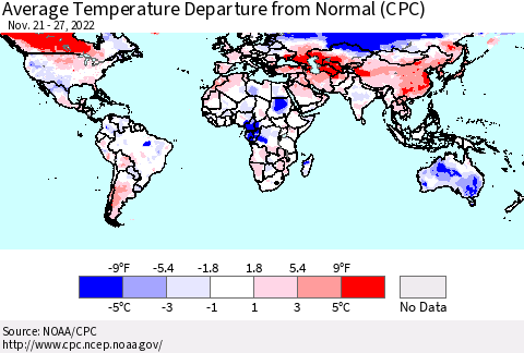 World Average Temperature Departure from Normal (CPC) Thematic Map For 11/21/2022 - 11/27/2022