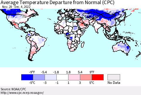 World Average Temperature Departure from Normal (CPC) Thematic Map For 11/28/2022 - 12/4/2022