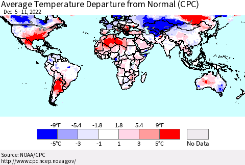 World Average Temperature Departure from Normal (CPC) Thematic Map For 12/5/2022 - 12/11/2022