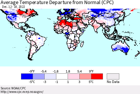 World Average Temperature Departure from Normal (CPC) Thematic Map For 12/12/2022 - 12/18/2022