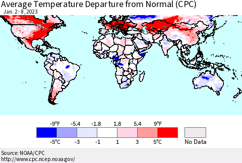 World Average Temperature Departure from Normal (CPC) Thematic Map For 1/2/2023 - 1/8/2023