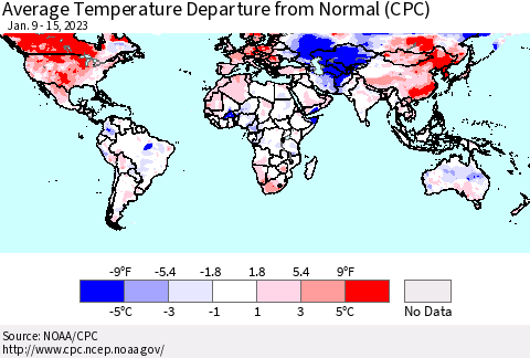 World Average Temperature Departure from Normal (CPC) Thematic Map For 1/9/2023 - 1/15/2023