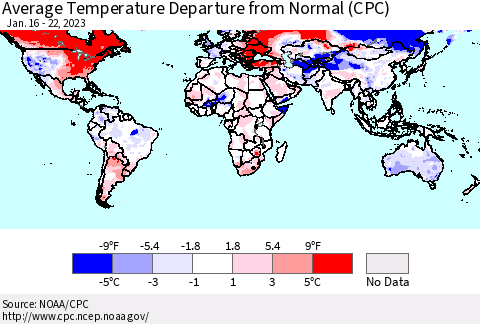 World Average Temperature Departure from Normal (CPC) Thematic Map For 1/16/2023 - 1/22/2023