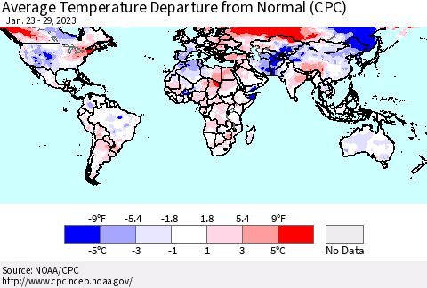 World Average Temperature Departure from Normal (CPC) Thematic Map For 1/23/2023 - 1/29/2023