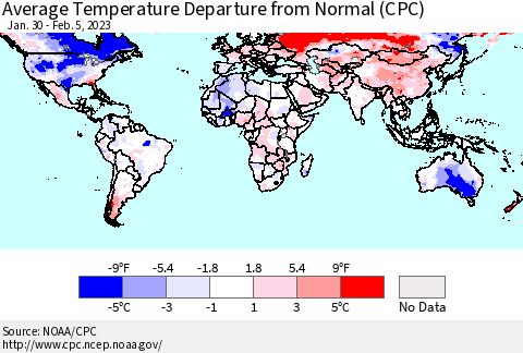World Average Temperature Departure from Normal (CPC) Thematic Map For 1/30/2023 - 2/5/2023
