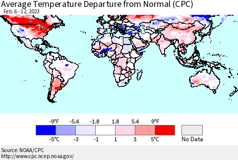 World Average Temperature Departure from Normal (CPC) Thematic Map For 2/6/2023 - 2/12/2023