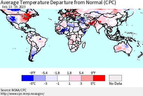 World Average Temperature Departure from Normal (CPC) Thematic Map For 2/13/2023 - 2/19/2023