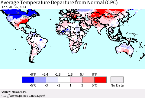 World Average Temperature Departure from Normal (CPC) Thematic Map For 2/20/2023 - 2/26/2023