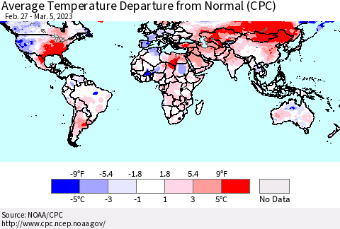 World Average Temperature Departure from Normal (CPC) Thematic Map For 2/27/2023 - 3/5/2023