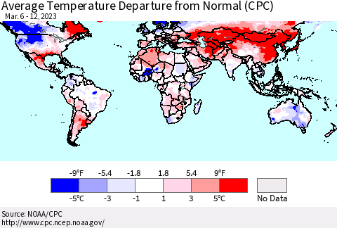 World Average Temperature Departure from Normal (CPC) Thematic Map For 3/6/2023 - 3/12/2023