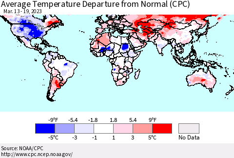 World Average Temperature Departure from Normal (CPC) Thematic Map For 3/13/2023 - 3/19/2023