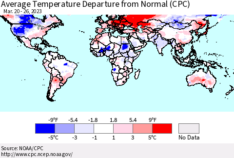 World Average Temperature Departure from Normal (CPC) Thematic Map For 3/20/2023 - 3/26/2023