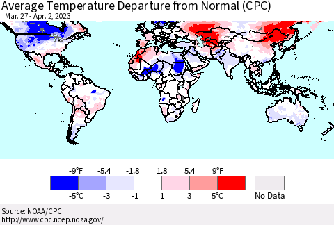 World Average Temperature Departure from Normal (CPC) Thematic Map For 3/27/2023 - 4/2/2023